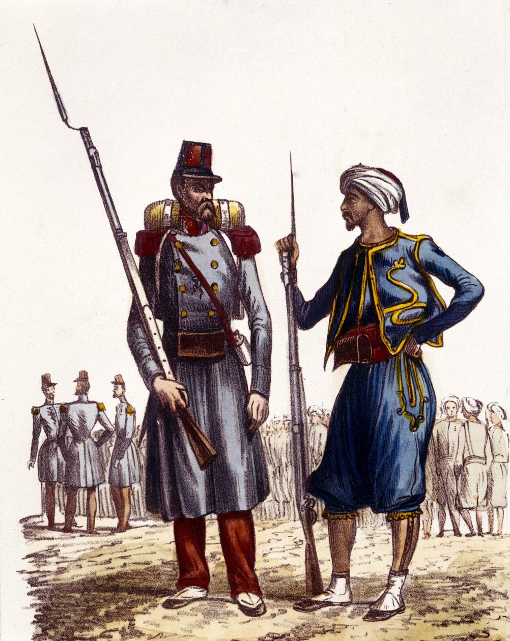 الزي العسكري الفرنسي: على اليسار ، تم تشكيل فيلق أجنبي وإرساله إلى الجزائر عام 1831. على اليمين ، تم تدريب فرسان من السكان الأصليين وإرسالهم إلى الجزائر عام 1841. في L