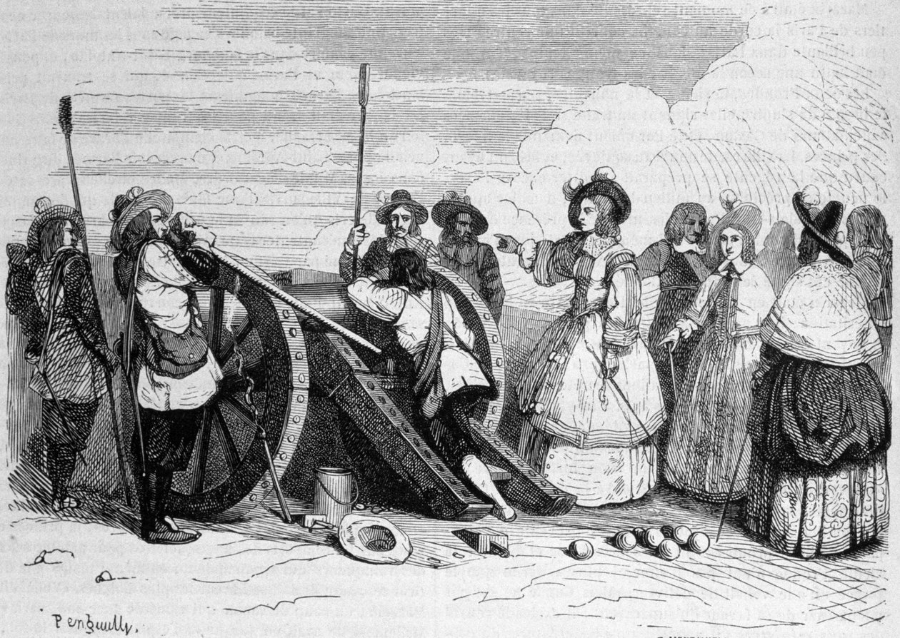 فروند: "" صورة آن ماري لويز دورليانز ، دوقة (مدام) مونتبينسير ديت لا غراند مادموزيل (1627-1693) تناوب شرائع الباستيل ضد جيش الملك لإنقاذ ابن عمها أمير كوندي " بواسطة فنان غير معروف