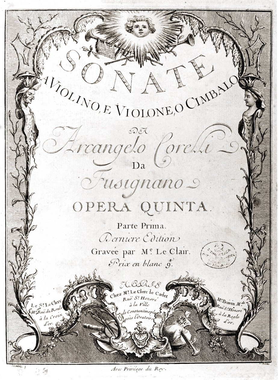 واجهة 12 سوناتا للكمان والباس والهاربسيكورد بواسطة Arcangelo Corelli (1653 - 1713). نسخة فرنسية. بواسطة فنان غير معروف