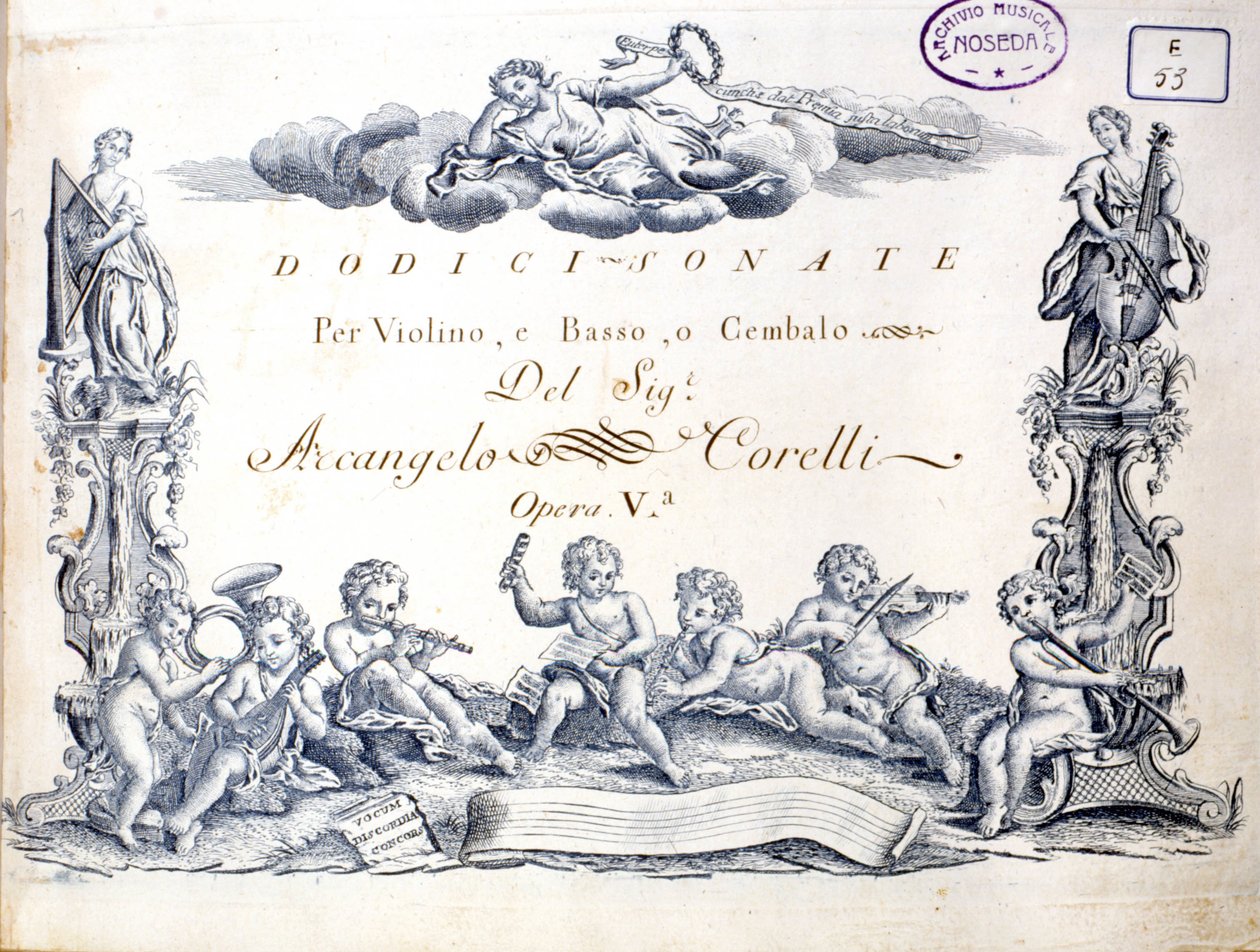 واجهة 12 سوناتا للكمان والباس والهاربسيكورد بواسطة Arcangelo Corelli (1653 - 1713). بواسطة فنان غير معروف