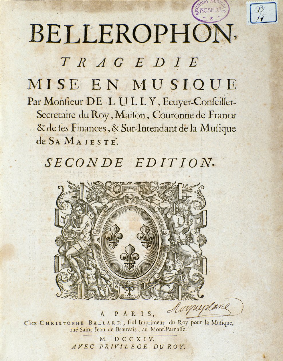 Frontispice of “” Bellerophon “” Lyrique tragedie in five acts with a prologue by Jean Baptiste Lully (Giovanni Battista Lulli) (Jean-Baptiste) (1632-1687). 1714. بواسطة فنان غير معروف