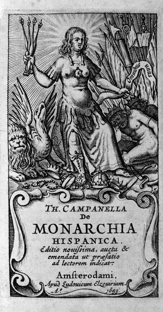 واجهة "De monarchia hispanica" (الملكية الإسبانية) للفيلسوف الإيطالي توماسو كامبانيلا (1568-1639). 1683 بواسطة فنان غير معروف