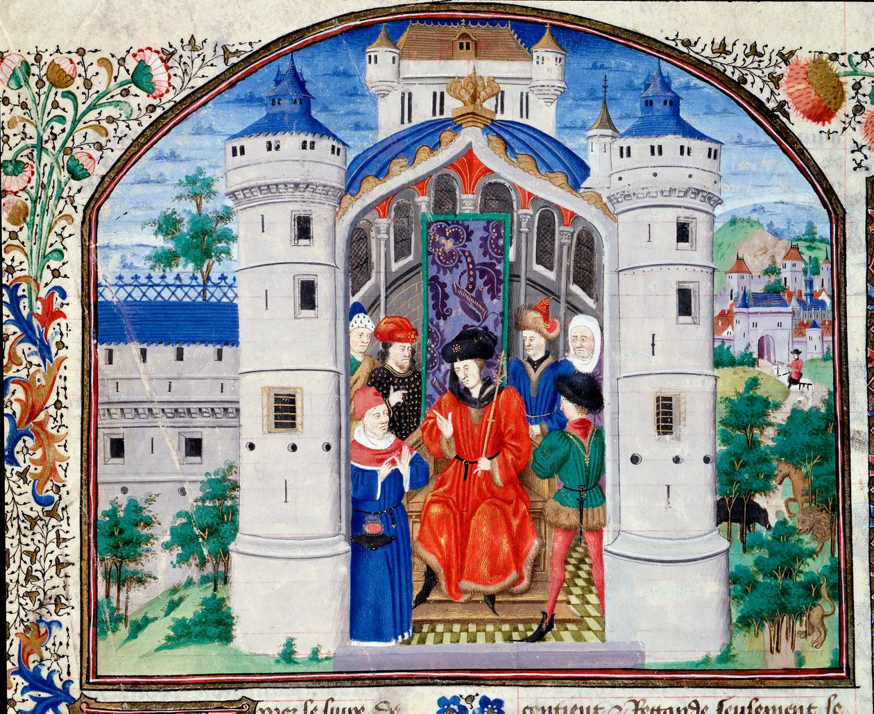Frontispice of Economics يمثل المؤلف يعرض عمله على الملك. صورة مصغرة من المخطوطة (Ms 927 Fol.426) "" تعليق على الأخلاق السياسية والاقتصادية "للفيلسوف اليوناني أرسطو (383-322 قبل الميلاد) ترجمه نيكولاس أورسمي ( بواسطة فنان غير معروف