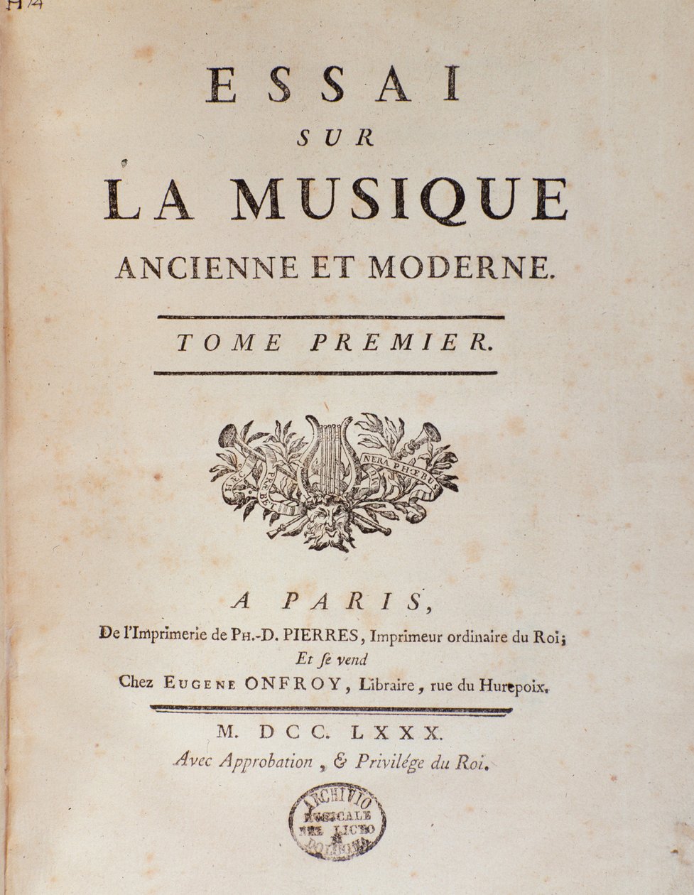 واجهة "" مقال عن الموسيقى القديمة والحديثة "لجين بنجامين دي لابورد (جان بنجامين دي لا بوردي) (1734-1794) 1780 بولونيا ، متحف سيفيكو ميوزيكال بواسطة فنان غير معروف