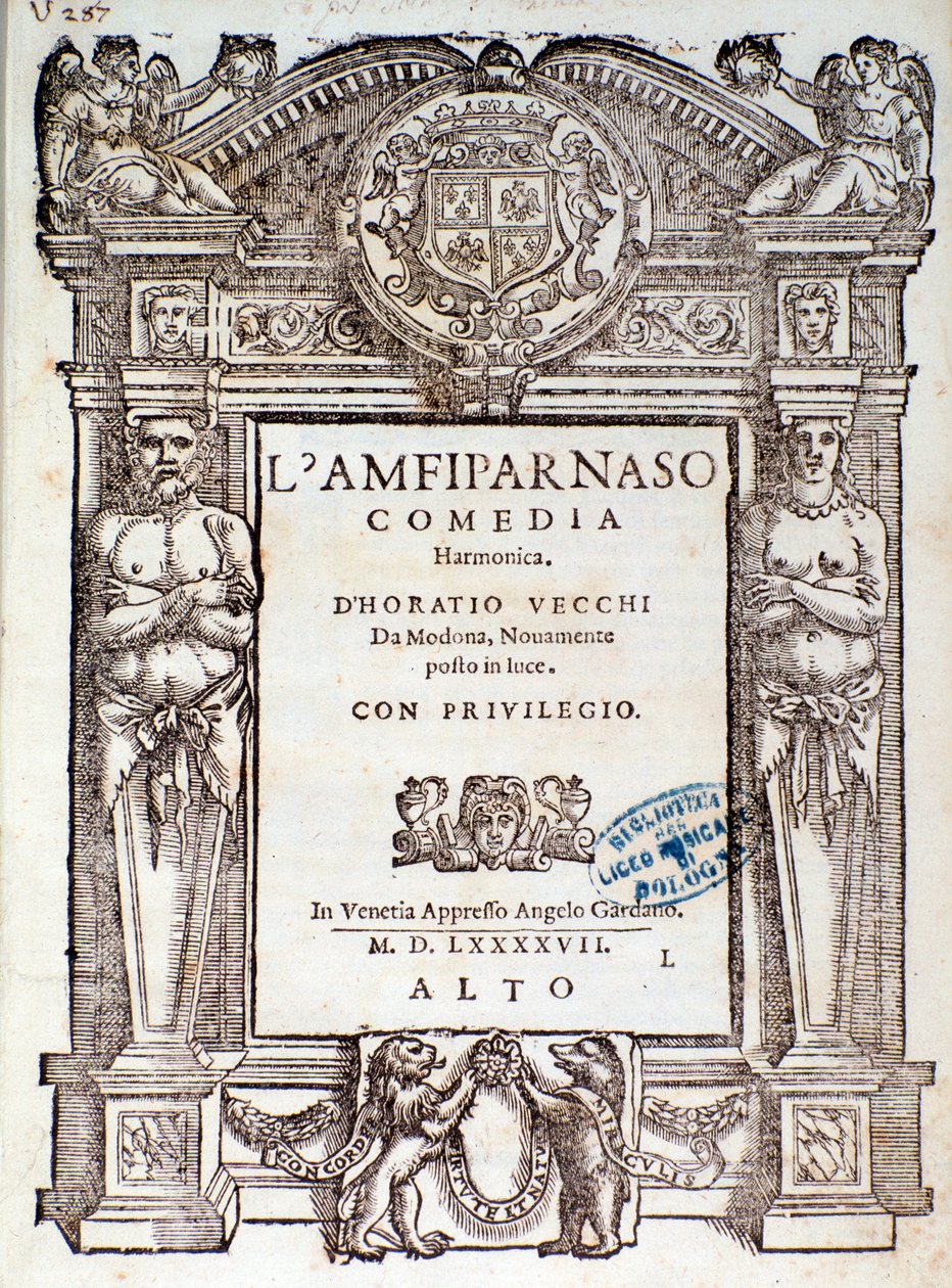Frontispiece from Amfiparnaso madrigal comedy by Orazio Vecchi بواسطة فنان غير معروف