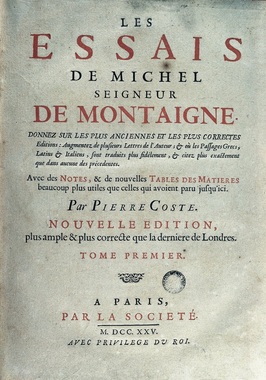 واجهة كتاب "Les essays" للكاتب والإنساني الفرنسي ميشيل دي مونتين (1533-1592). 1725 برشلونة. مكتبة كاتالونيا بواسطة فنان غير معروف