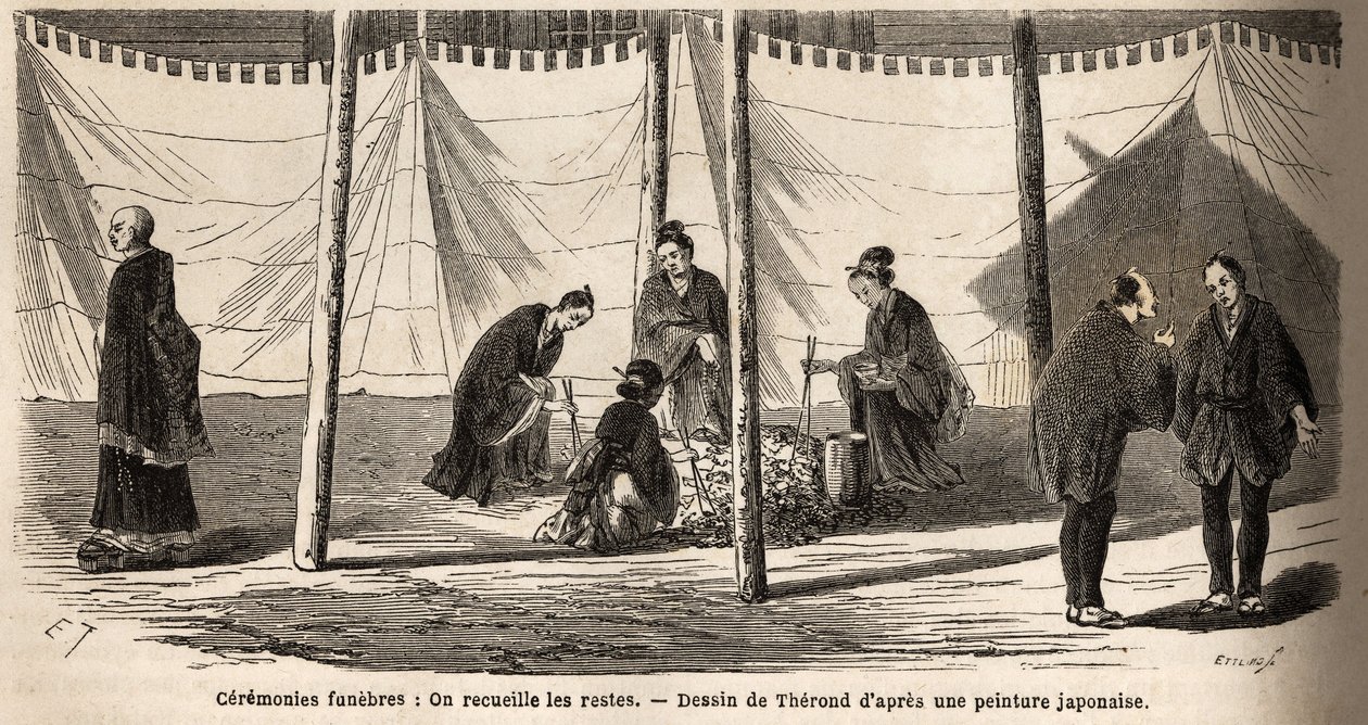 مراسم الجنازة: بعد الحرق وجمع الرفات. نقش لتوضيح الرحلة إلى اليابان في 1863-1864 ، بقلم آيم هامبرت ، وزير الاتحاد السويسري ، في "Le Tour du monde ، nouveau journal des voyages" ، المنشور تحت التوجيه بواسطة فنان غير معروف