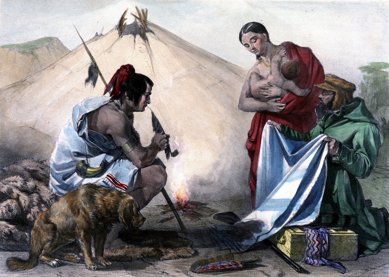 Fur barter for fabric between Canadian Huron Indians and white man - in “” Shyth