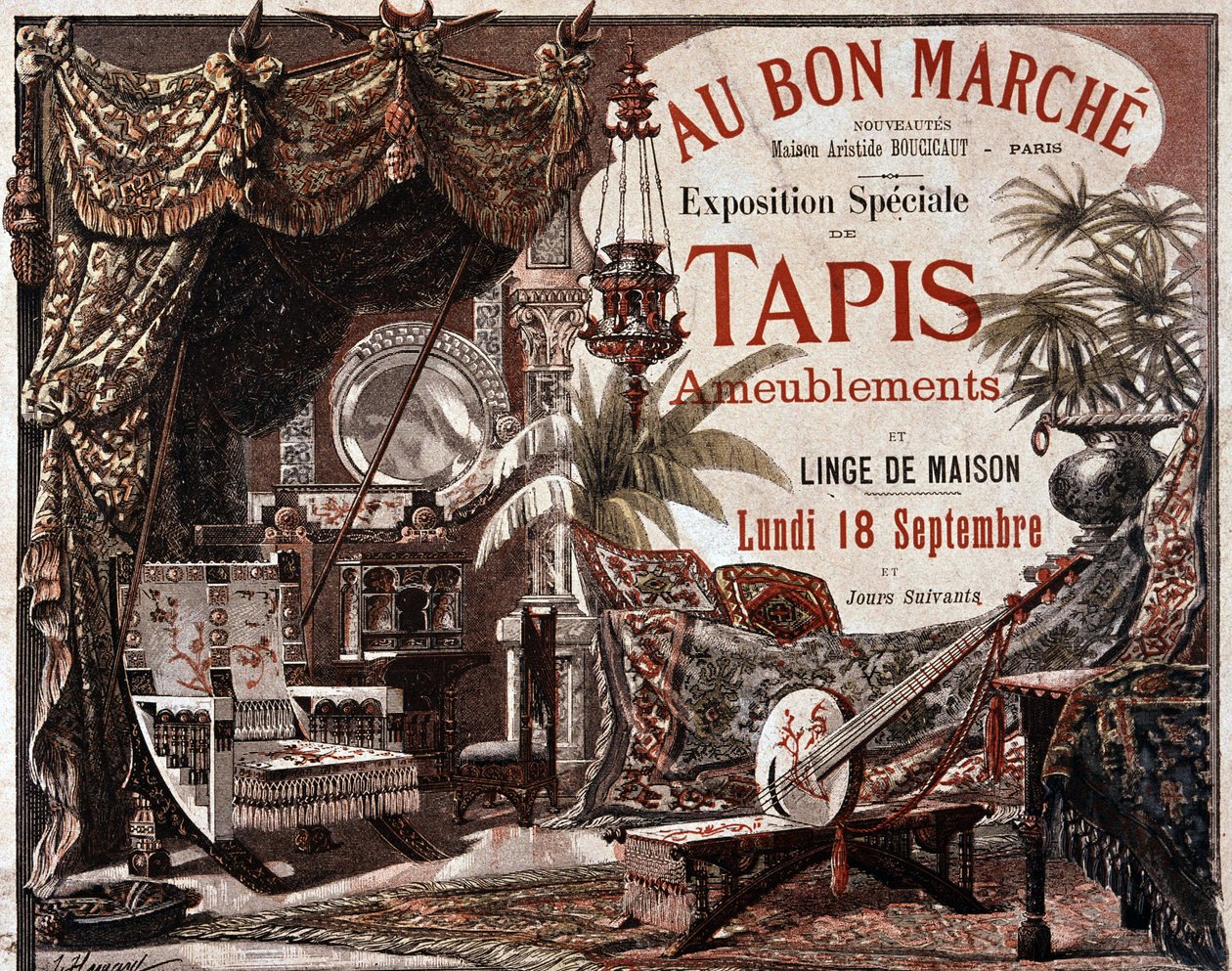 سجاد الأثاث والأثاث - إعلان عن المحل "Le bon marche" ، أواخر القرن التاسع عشر. بواسطة فنان غير معروف