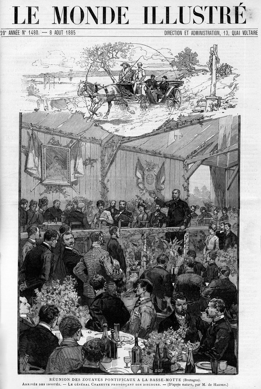 خطاب الجنرال شاريت في اجتماع الزواف البابوية في باس موت في بريتاني ، في "العالم المصور 1885". بواسطة فنان غير معروف