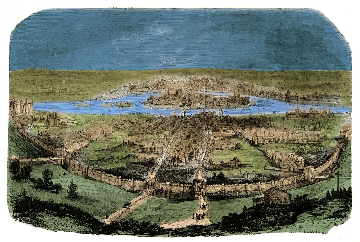 General view of Paris with the enclosure under Philippe Auguste, Engraving 19th century بواسطة فنان غير معروف