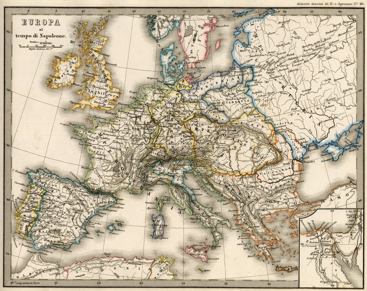 خريطة جغرافية لأوروبا في زمن نابليون الأول. في "Atlante Storico Geografico" بقلم K. von Sruner بواسطة فنان غير معروف