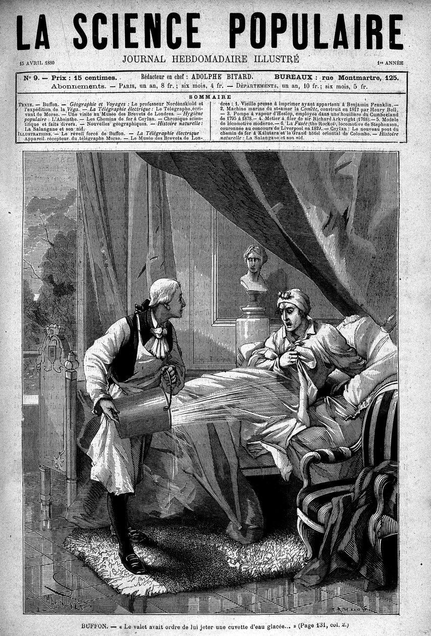 جورج لويس لوكليرك بوفون في سريره ، ألقى الوادي دلوًا من الماء المثلج عليه. في "Popular Science" ، 15 أبريل بواسطة فنان غير معروف