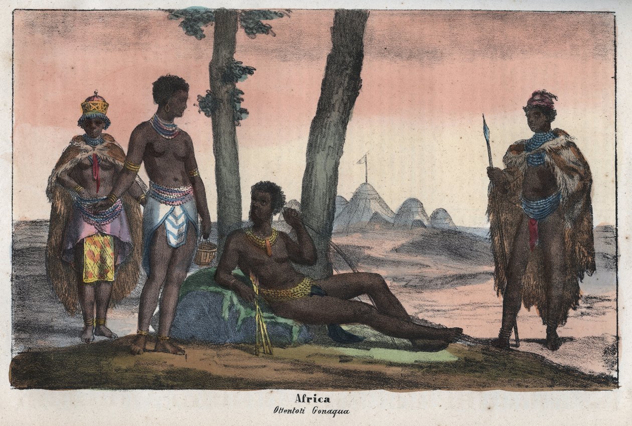Gonqui Hottentots of the Cape - نقش من عادات وتقاليد جميع شعوب الكون. أي تاريخ الحكومة ، والقوانين ، والميليشيات ، ودين جميع الأمم من أبعد الأوقات حتى يومنا هذا "1856 بواسطة فنان غير معروف