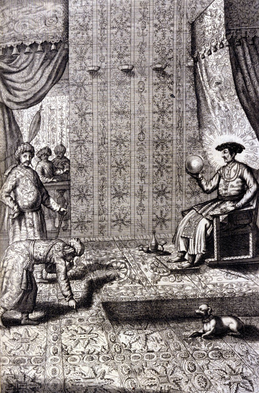 Grand Moghol (Mogol أو Moghul) (ربما أورنجزيب (1618-1707) ، المعروف أيضًا باسم Alamgir): قاعة العرش. "De China Monumenta" لأثناسيوس كيرشر (1601 - 1680) ، يسوعي ، مستشرق وعالم ألماني ، أمستردام 1667. بواسطة فنان غير معروف