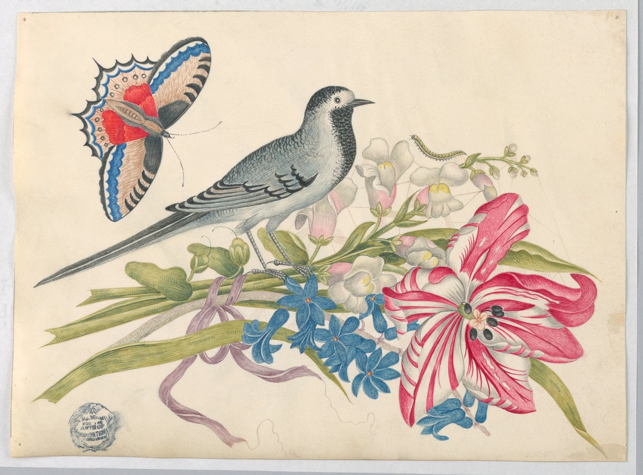 Grey Bird on Branch مع Tulip و Snapdragons و Forget-Me-Nots مع الفراشة بواسطة فنان غير معروف