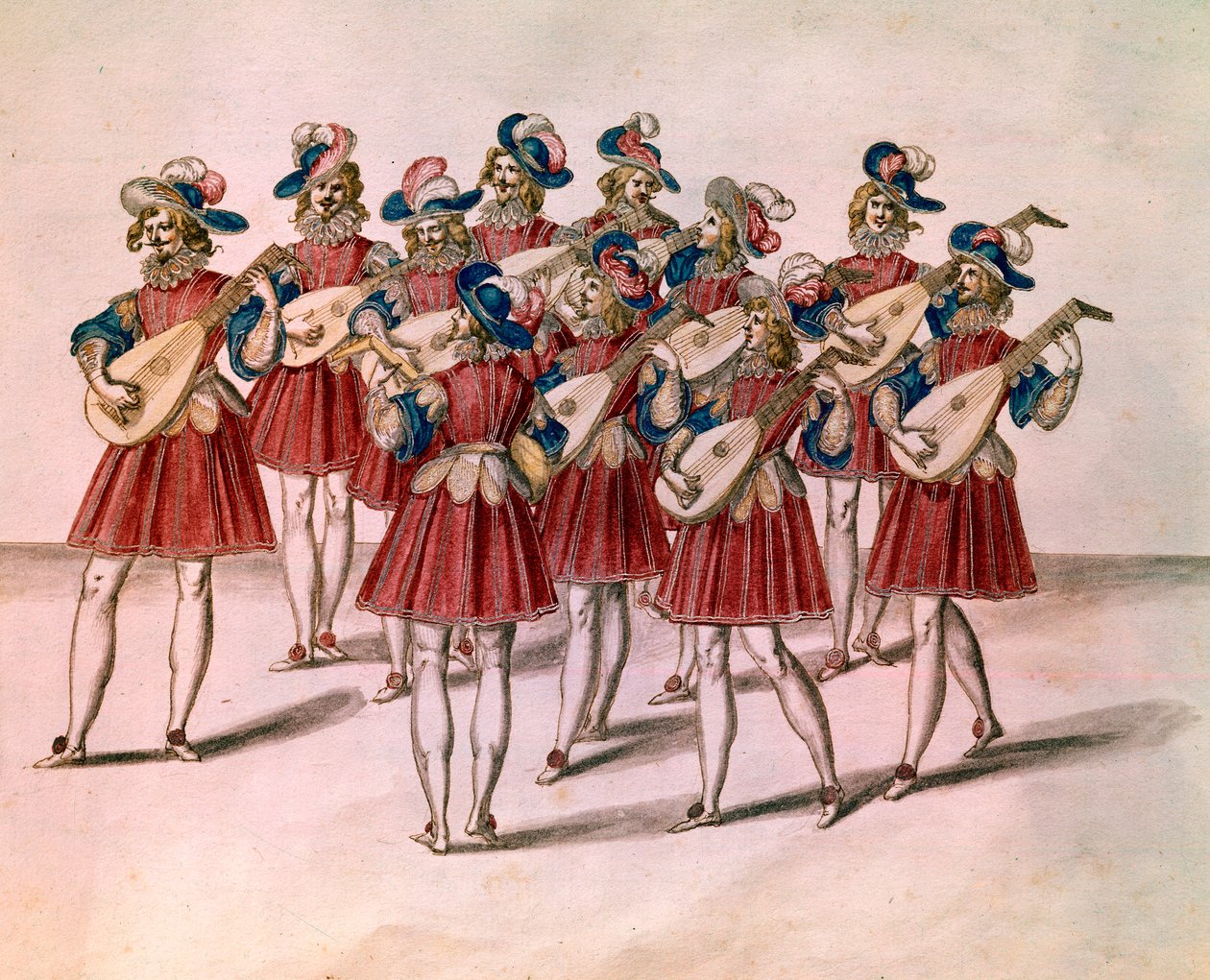 Group of musicians playing lute. Watercolour and pen by Daniel Rabel (1578-1637) from the Album “Chateau de Bicetre” 17th century Paris, Louvre Museum بواسطة فنان غير معروف
