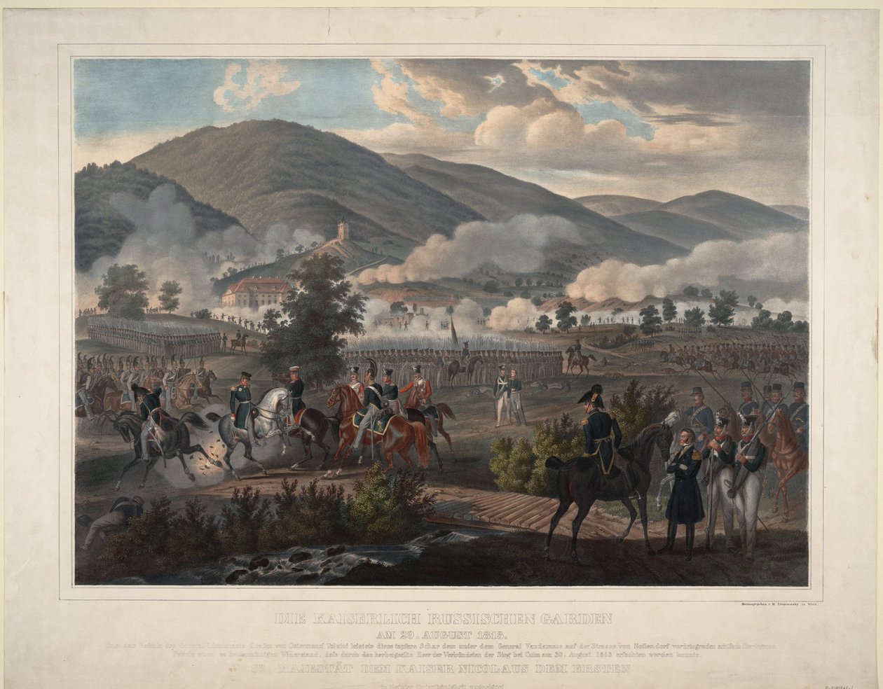 الحروب النابليونية: معركة كولم (Chlumec الحالية) في بوهيميا (جمهورية التشيك) ​​في 30/8/1813 - فوج حراس الحياة الروسي في معركة كولم في 29 أغسطس 1813 - مجهول - حوالي 1813 - الطباعة الحجرية الملونة - 59 × 75 ، 6 - التحصيل الخاص بواسطة فنان غير معروف