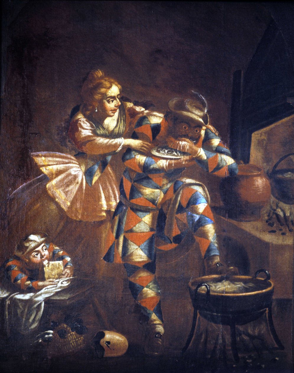 Harlequin الشره. يحاول دائمًا التقاط شيء ليأكله ، رمزًا لبؤس القرون الماضية. لوحة القرن الثامن عشر. . ميلان بواسطة فنان غير معروف