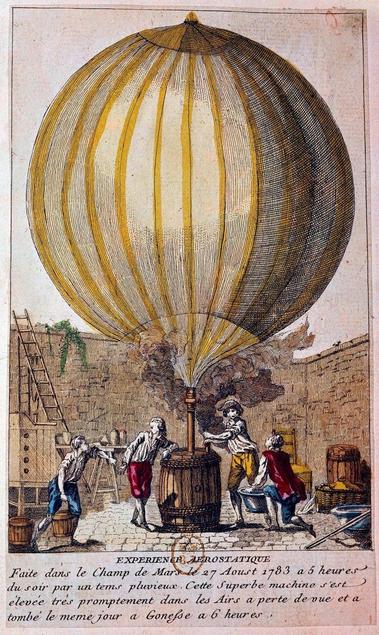 History of balloons: aerostatic experience carried out at the Champ de Mars in Paris on 27/08/1783: the balloon is filled with hydrogenic gas by Jacques Charles (1746-1823). Engraving of the 18th century Paris, B.N. بواسطة فنان غير معروف