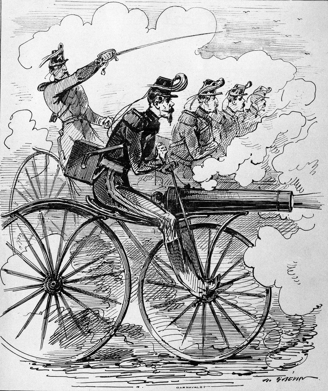 Humorous engraving: Velocipedomania applied to machine guns - 19th century. بواسطة فنان غير معروف
