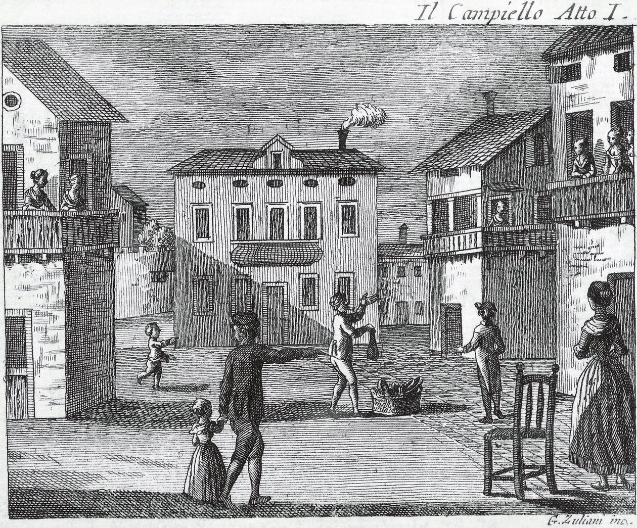قانون Il Campiello الأول - كارلو جولدوني (1707-1793) - نقش القرن الثامن عشر بواسطة فنان غير معروف