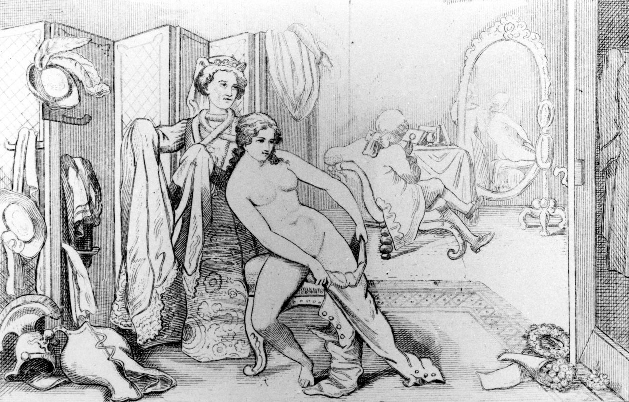 رسم توضيحي يصور كازانوفا وامرأة عارية - في "تاريخ حياتي" لكازانوفا. بروكسل 1872. بواسطة فنان غير معروف