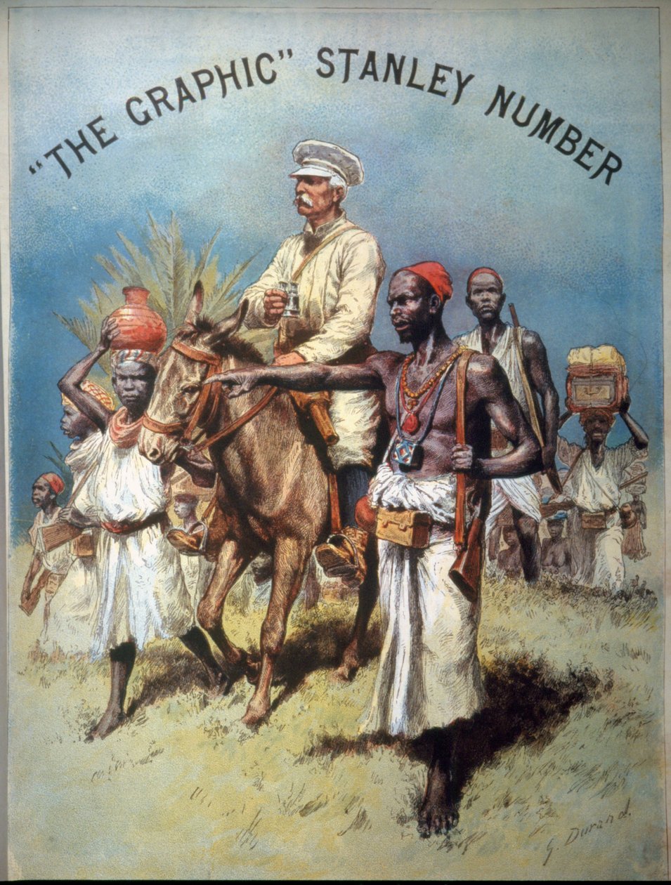رسم توضيحي يصور المستكشف والصحفي هنري مورتون ستانلي (1841-1904) خلال إحدى بعثاته. الطباعة الحجرية الملونة. بواسطة فنان غير معروف