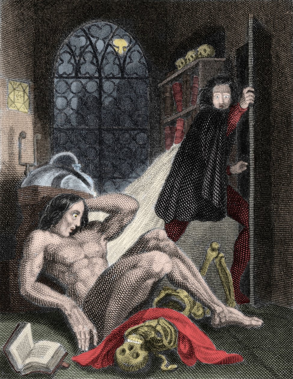 رسم توضيحي لـ "" فرانكشتاين "للكاتبة البريطانية ماري ولستونكرافت شيلي (1797-1851). 1831: `` ببصيص الضوء نصف المنطفئ ، رأيت العين الصفراء الباهتة للمخلوق مفتوحة: تنفس بصعوبة وحركة متشنجة حركت أطرافه. بواسطة فنان غير معروف