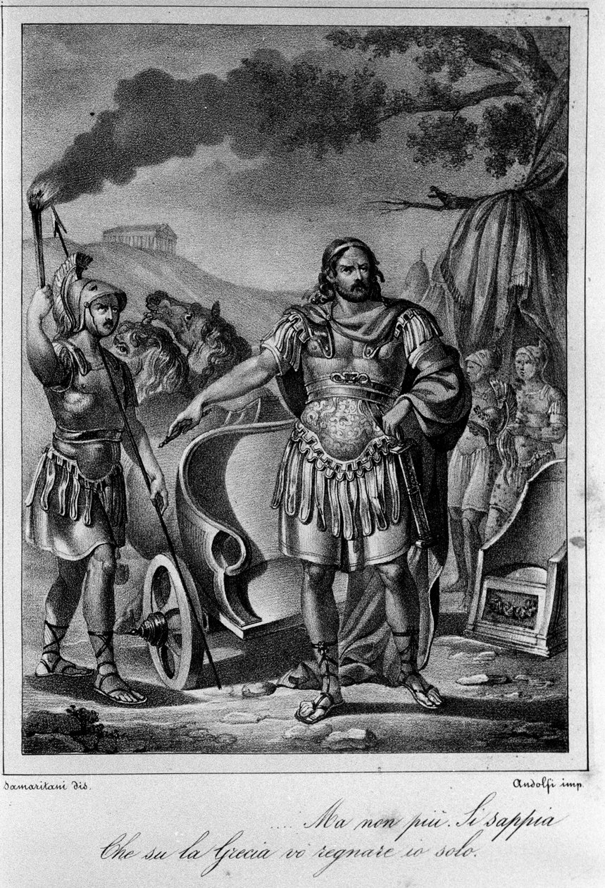 رسم توضيحي للمشهد الأول من الفصل الرابع لـ "أياكس" (Aiace) للشاعر والكاتب المسرحي الإيطالي أوغو فوسكولو (1778-1827) القرن التاسع عشر بواسطة فنان غير معروف