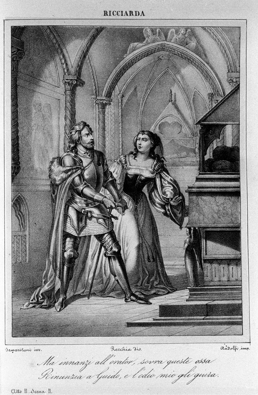 رسم توضيحي للمشهد 2 من الفصل الثاني لـ "Ricciarda" للشاعر والكاتب المسرحي الإيطالي أوغو فوسكولو (1778-1827) القرن التاسع عشر بواسطة فنان غير معروف