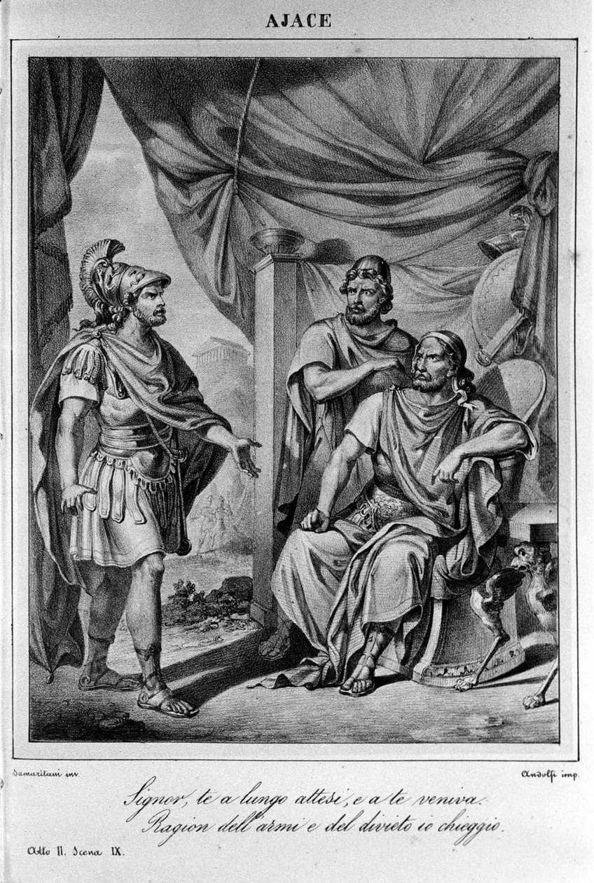 رسم توضيحي للمشهد التاسع من الفصل الثاني من "" Ajax "(Aiace) للشاعر والكاتب المسرحي الإيطالي أوغو فوسكولو (1778-1827) القرن التاسع عشر بواسطة فنان غير معروف