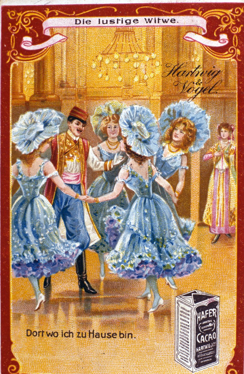 رسم توضيحي لـ "الأرملة السعيدة" بقلم فرانز ليهار ، الملحن المجري (1870-1948). القانون الثاني. الطباعة الحجرية الملونة من أواخر القرن العشرين. بواسطة فنان غير معروف