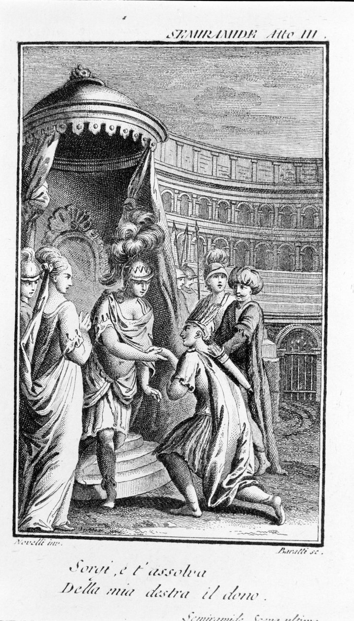 رسم توضيحي لسيراميس ، أوبرا لأنطونيو ساليري (1750 - 1825). كتيب من إعداد Pierre Metastase (أو Pietro Metastasio). الفصل الثالث ، المشهد الأخير. بواسطة فنان غير معروف