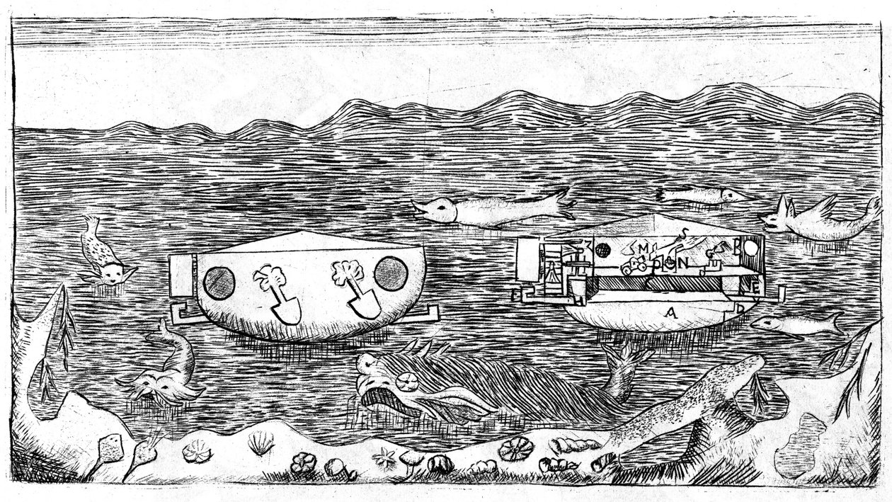 رسم توضيحي لنهاية القرن الثامن عشر حول كيفية التنقل تحت الماء في "" أطروحة جديدة حول التصحيح الحقيقي للدائرة المقاسة بالضبط بالقطر ، ومفيدة لعلم المثلثات ... مع أطروحة حول كيفية التنقل تحت الماء ، في بواسطة فنان غير معروف