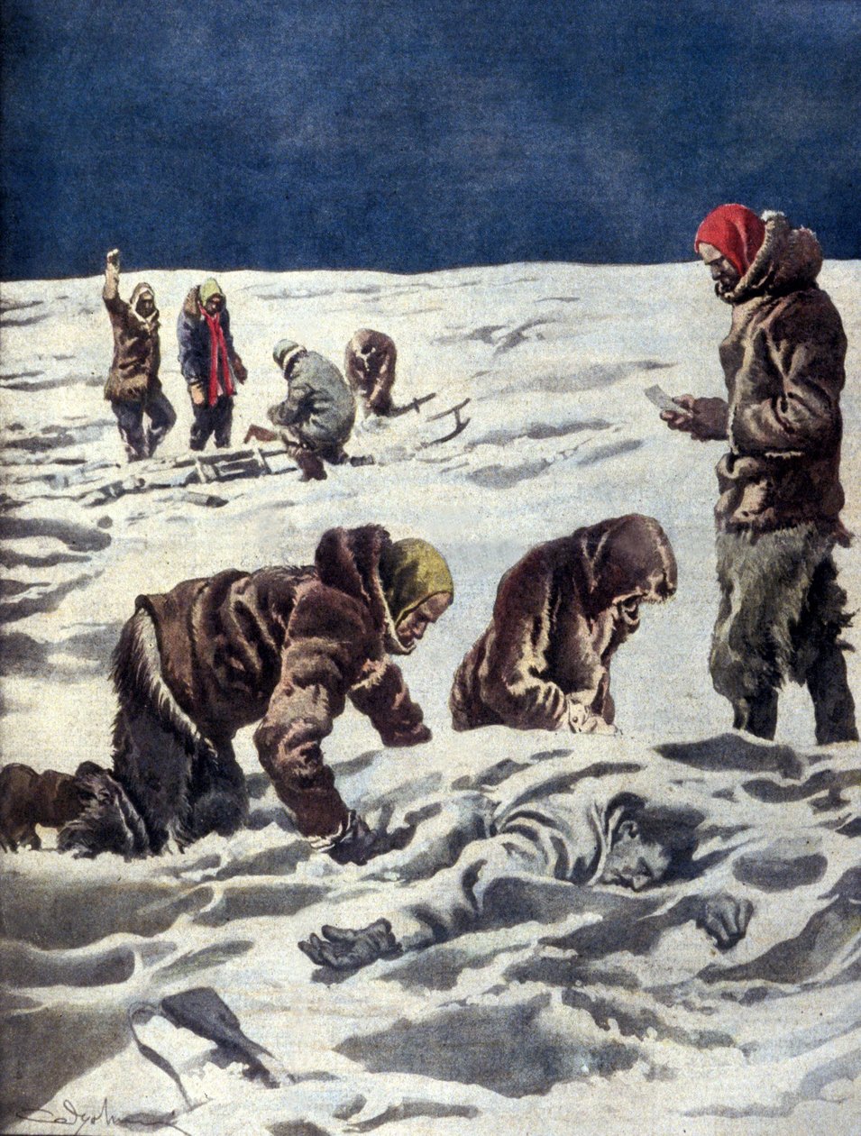 في عام 1930 عثرت البعثة العلمية النرويجية للدكتور هورن على رفات المستكشف السويدي سولومون أندريه. بواسطة فنان غير معروف