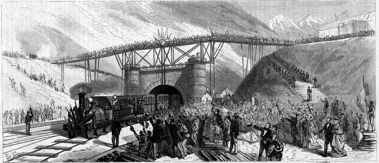 افتتاح نفق Mont Cenis (Monte Cenisio) عام 1871 ، وصول القطار يدعو إلى Bardonneche (Bardonecchia) بواسطة فنان غير معروف