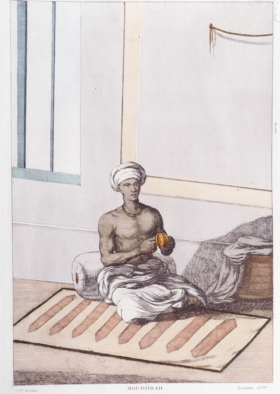 الثقافة والحضارة والمجتمع الهندي: موسيقي بقرع هندي تقليدي. نقش من 1808. بواسطة فنان غير معروف