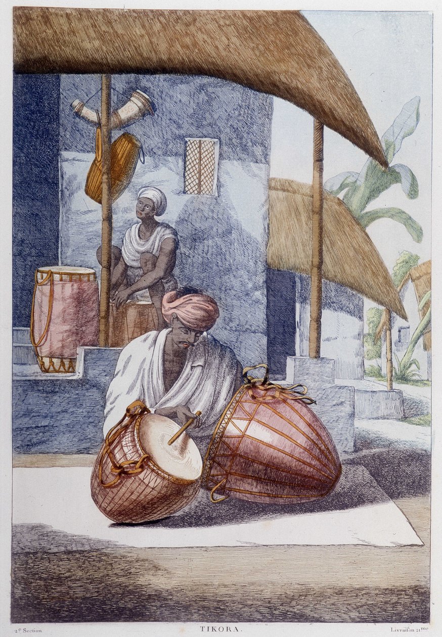 الثقافة والحضارة والمجتمع الهندي: موسيقي بقرع هندي تقليدي (تيكورا). نقش من 1808. بواسطة فنان غير معروف