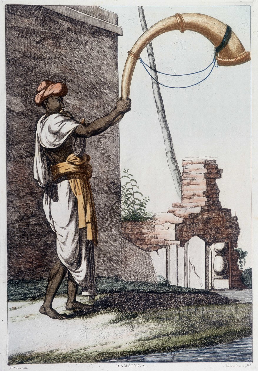 الثقافة والحضارة والمجتمع الهندي: موسيقي بآلة النفخ الهندية التقليدية (سورناي). نقش من 1808. بواسطة فنان غير معروف