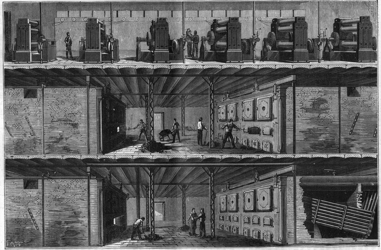 تركيب الغلايات والدينامو البخاري في محطة توزيع الكهرباء المركزية (Edison System) في نيويورك عام 1884. بواسطة فنان غير معروف