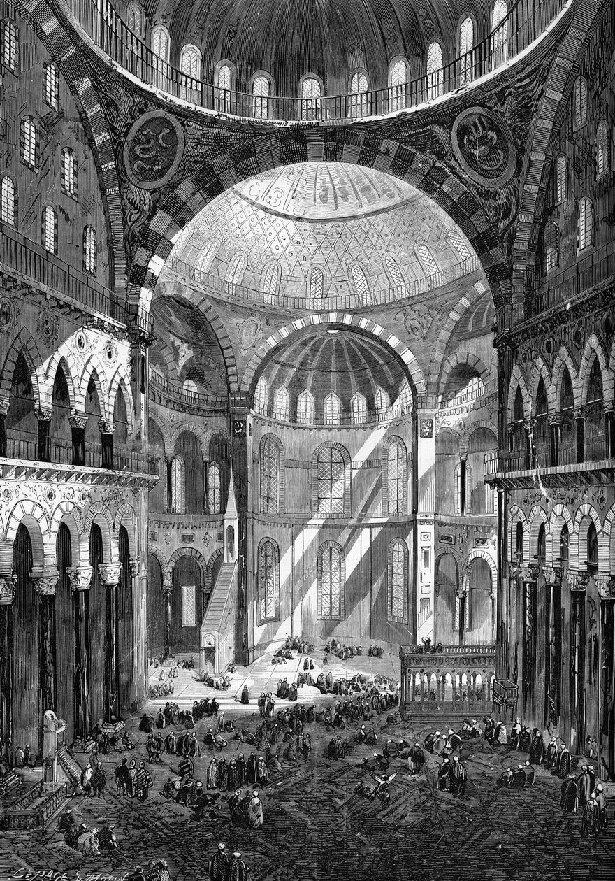 منظر داخلي لمسجد القديسة صوفيا (آيا صوفيا) (الفن البيزنطي من القرن السادس) في القسطنطينية عام 1858. بواسطة فنان غير معروف