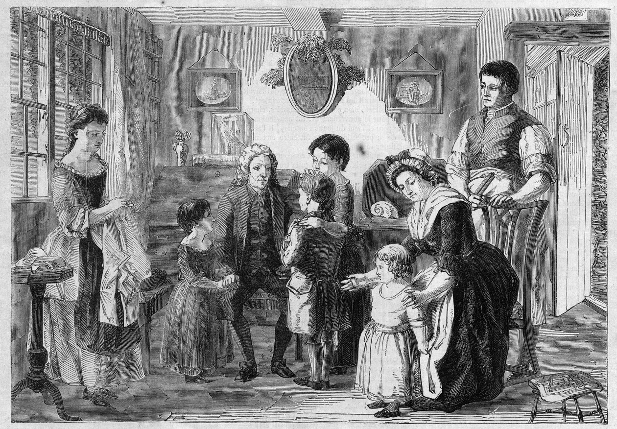 إسحاق واتس (1674-1748) عالم لاهوت إنجليزي وملحن للترانيم والأناشيد الروحية للأطفال. بحسب لوحة رانكلي "دكتور وات يزور أصدقائه". نقش في "الكون اللامع" بواسطة فنان غير معروف
