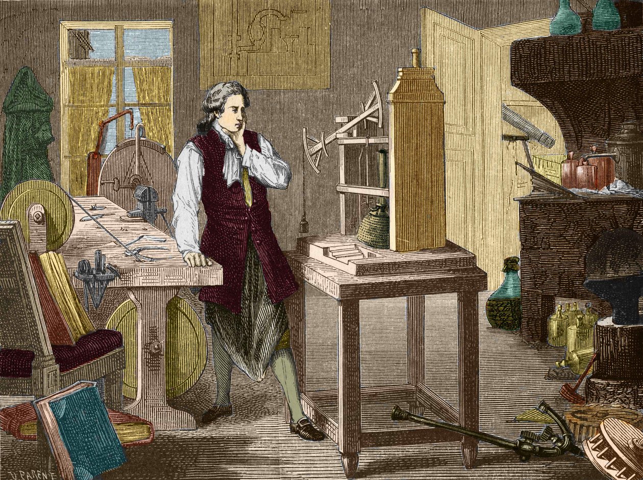 جيمس وات يدرس إتقان آلة Newcomen (1767) (المحرك البخاري) - في "" Album of Science ؛ علماء لامعون الاكتشافات العظيمة "" "1896. بواسطة فنان غير معروف