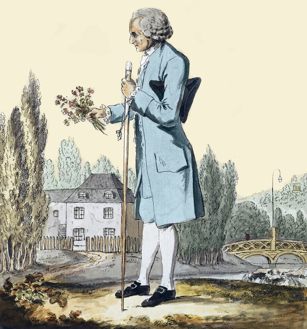 جان جاك روسو (1712-1778) جمع الأعشاب في إرمينونفيل ، يونيو 1778 - تمثيل للفيلسوف جان جاك روسو (1712-1778) قطف الزهور في إرمينونفيل. بواسطة فنان غير معروف