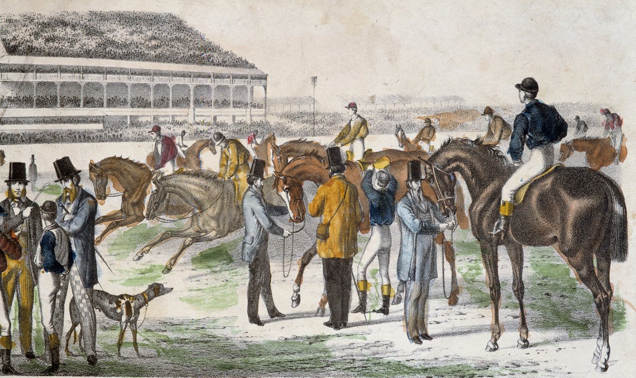 الفرسان وخيولهم قبل السباق - الحفر ، ج. 1850 بواسطة فنان غير معروف