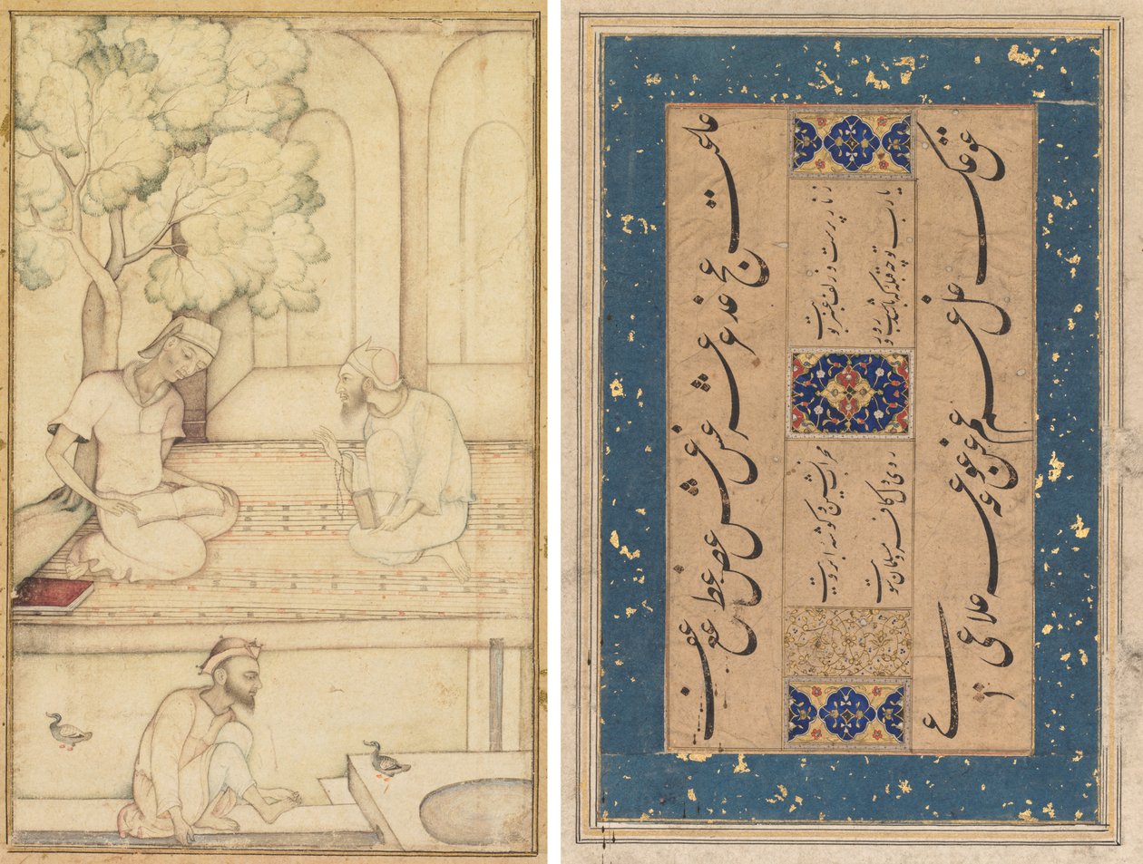 كبير واثنين من المتابعين على شرفة (وجه الصفحة) ؛ الخط (ظهر) بواسطة فنان غير معروف