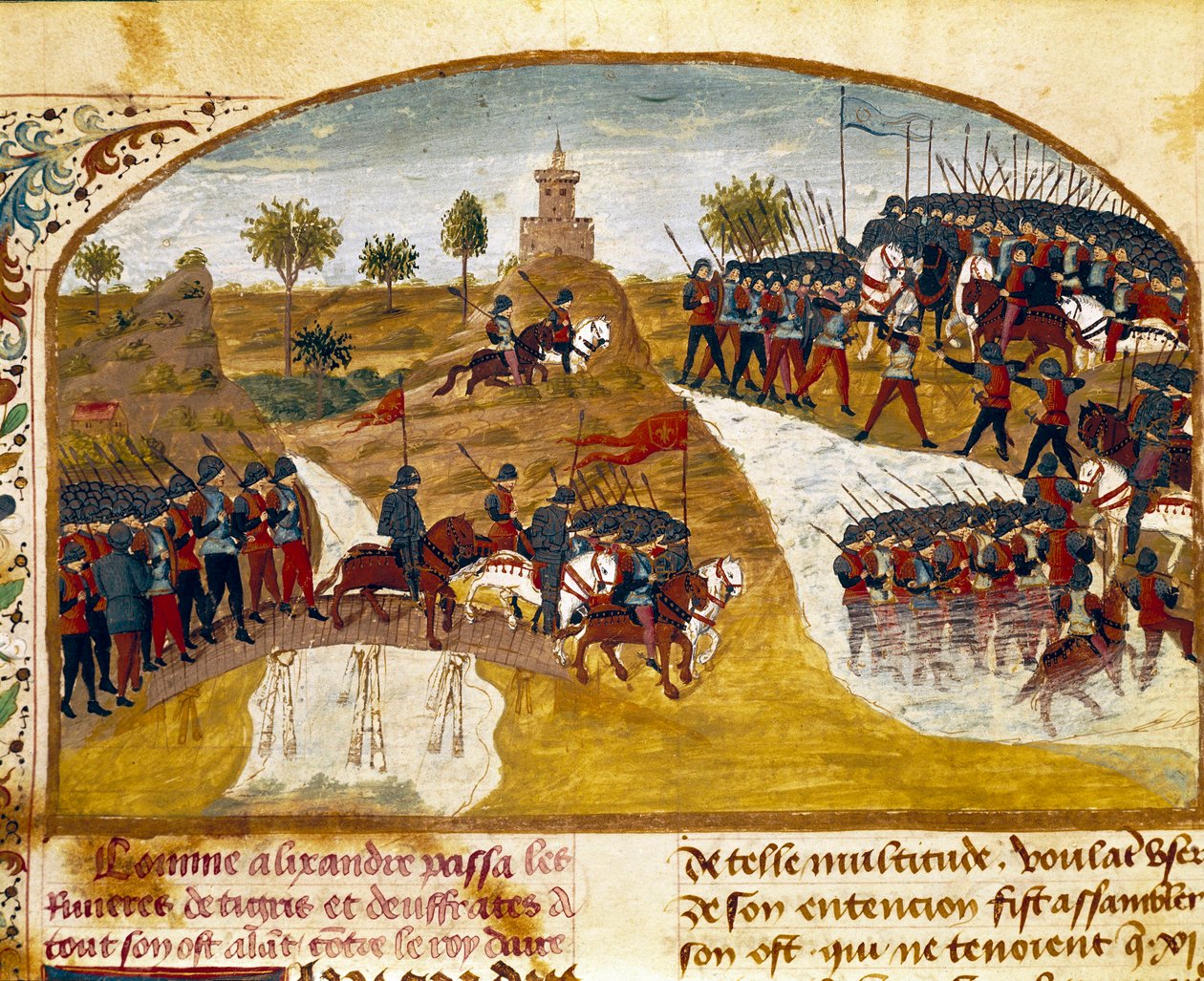 اجتاز الملك الإسكندر الأكبر (356-323 قبل الميلاد) وجيشه النمر والمصغر الفرات من "" كتاب حقائق الإسكندر الأكبر "بقلم كوينتوس كورتيوس روفوس (كوينت كورس) (القرن الأول) ، حوالي عام 1468. 1335) ريمس. مكتبة البلدية بواسطة فنان غير معروف