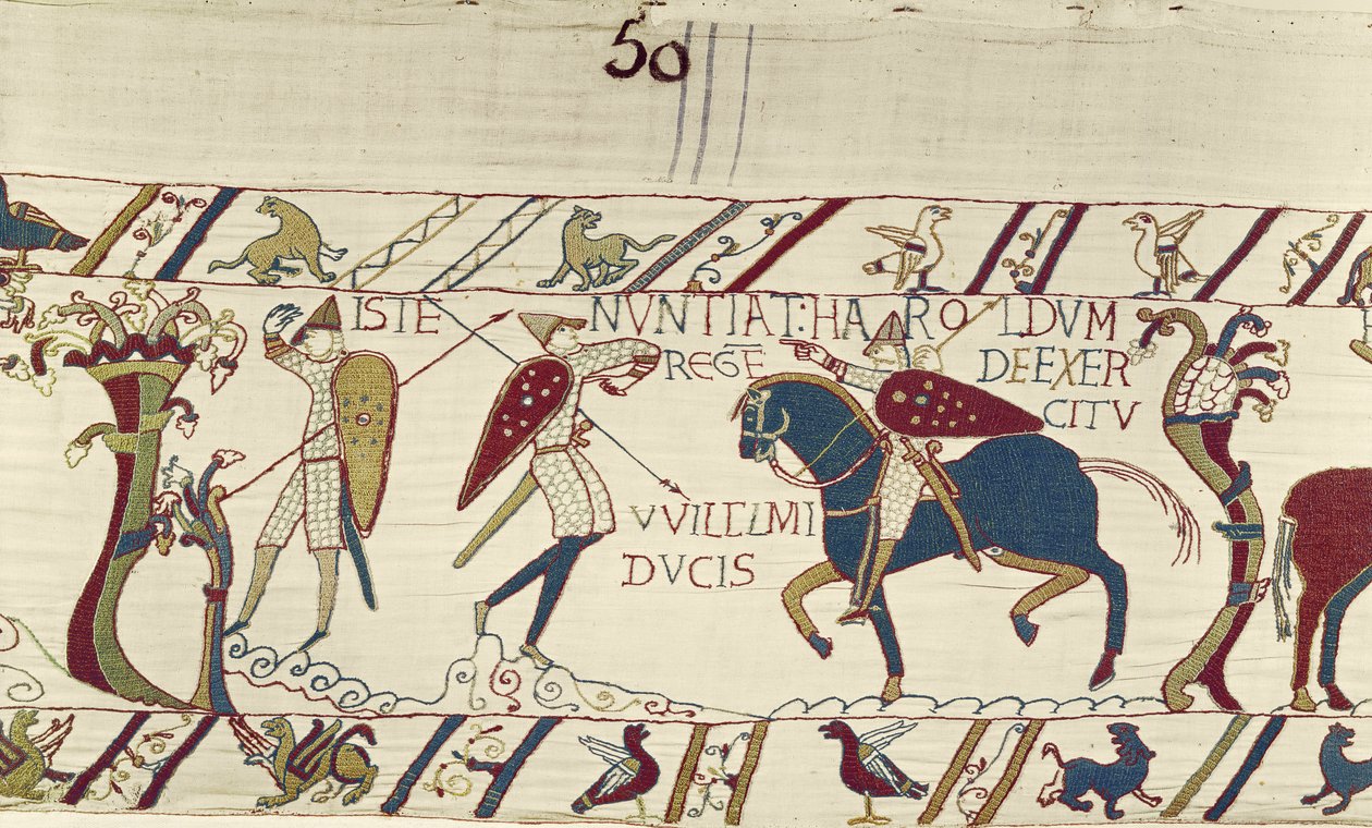 يقدم له رسول الملك هارولد أخبارًا عن جيش الدوق ويليام ، Bayeux Tapestry (تطريز من الصوف على الكتان) بواسطة فنان غير معروف