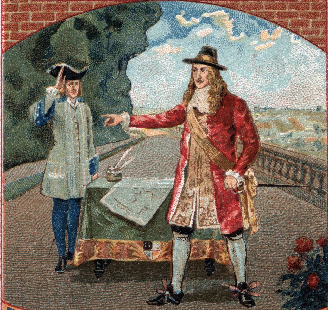 الملك جيمس الثاني ملك إنجلترا (جيمس الثاني ستيوارت) (1633-1701) أثناء إقامته في قلعة سان جيرمان أونلي (سان جيرمان أونلاي). الطباعة الحجرية الملونة في أواخر القرن التاسع عشر بواسطة فنان غير معروف